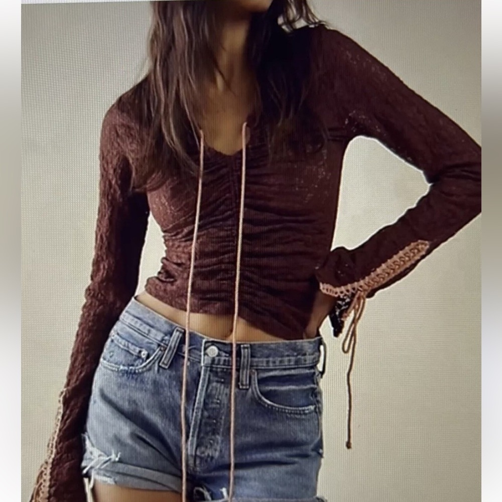 NWOT Free People Lilah Top in Crush Blush Lacey Lace-up Details Sz S - Picture 3 of 15